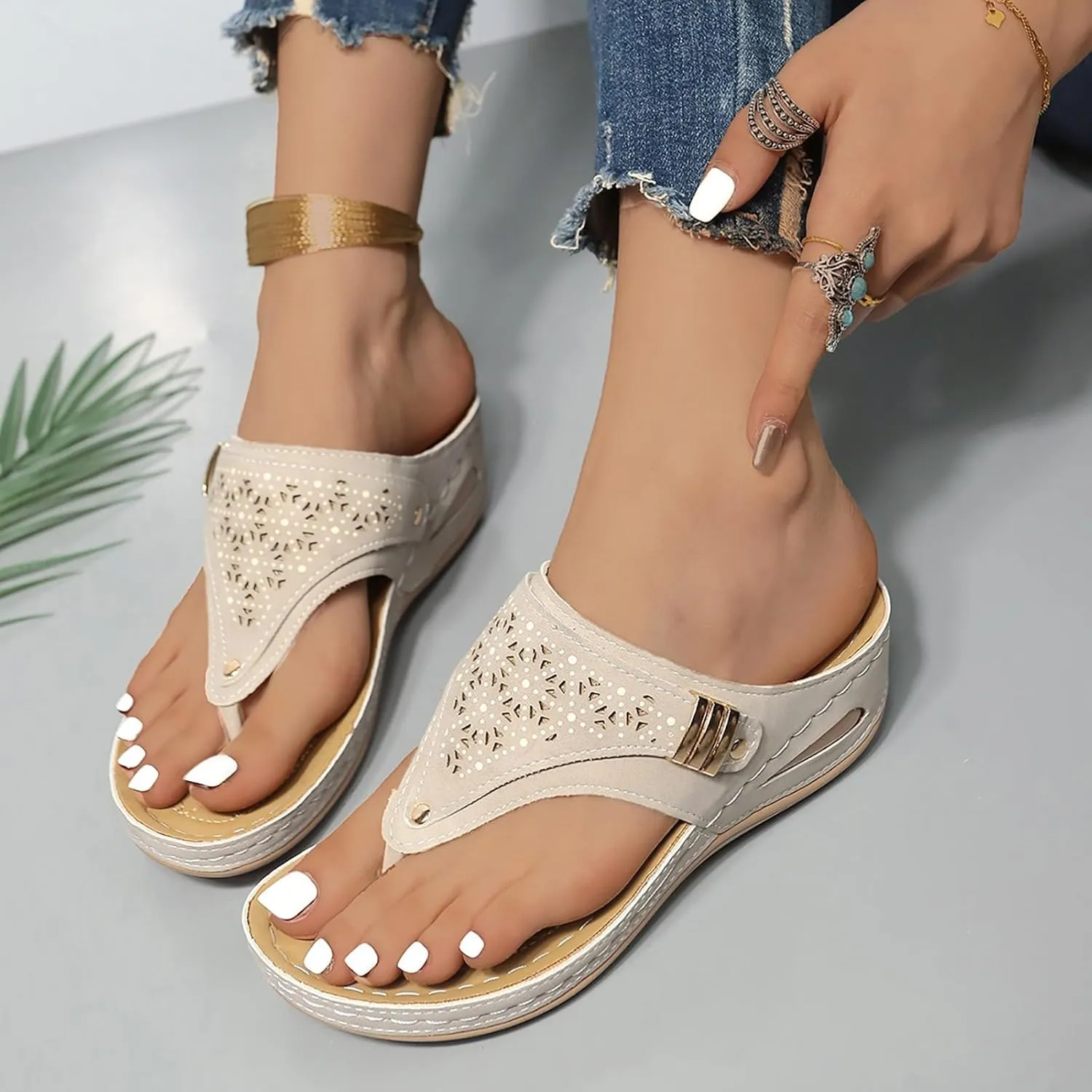 Leather Sandals Women 2025 Summer Comfortable Slip on Orthopedic Sandals Arch Support Wedge Sandal Beach Flip Flops