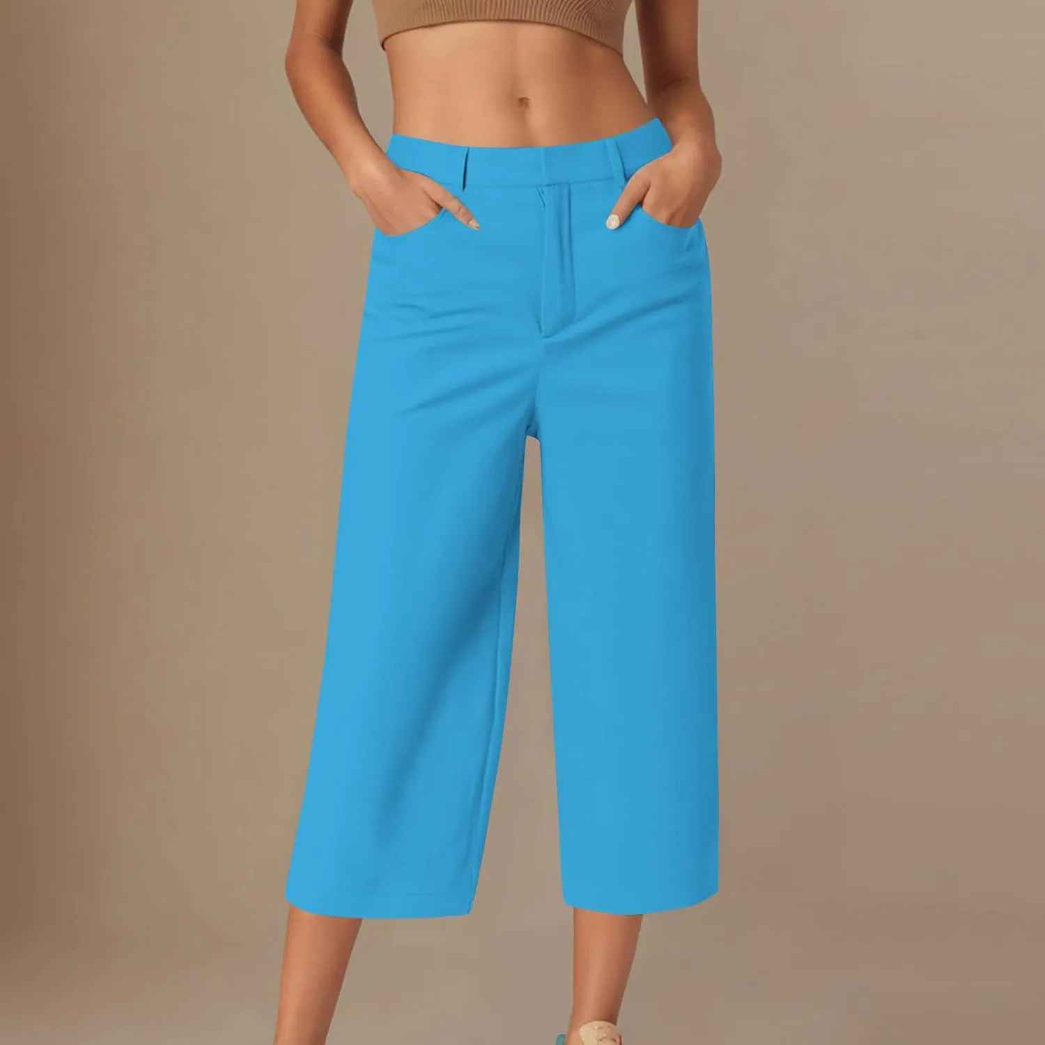LEMONONSTORE Women Office Work Dressy Capris High Waist Ankle-Length Pants Casual Straight-Leg Trousers Loose Summer Shorts