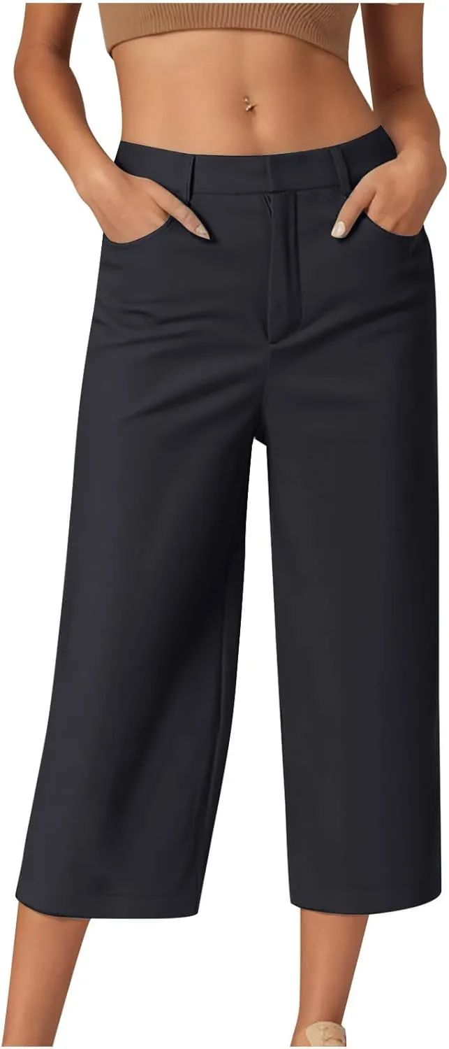 LEMONONSTORE Women Office Work Dressy Capris High Waist Ankle-Length Pants Casual Straight-Leg Trousers Loose Summer Shorts