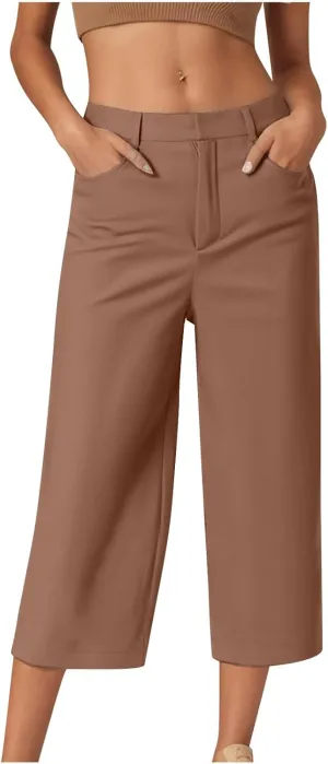 LEMONONSTORE Women Office Work Dressy Capris High Waist Ankle-Length Pants Casual Straight-Leg Trousers Loose Summer Shorts