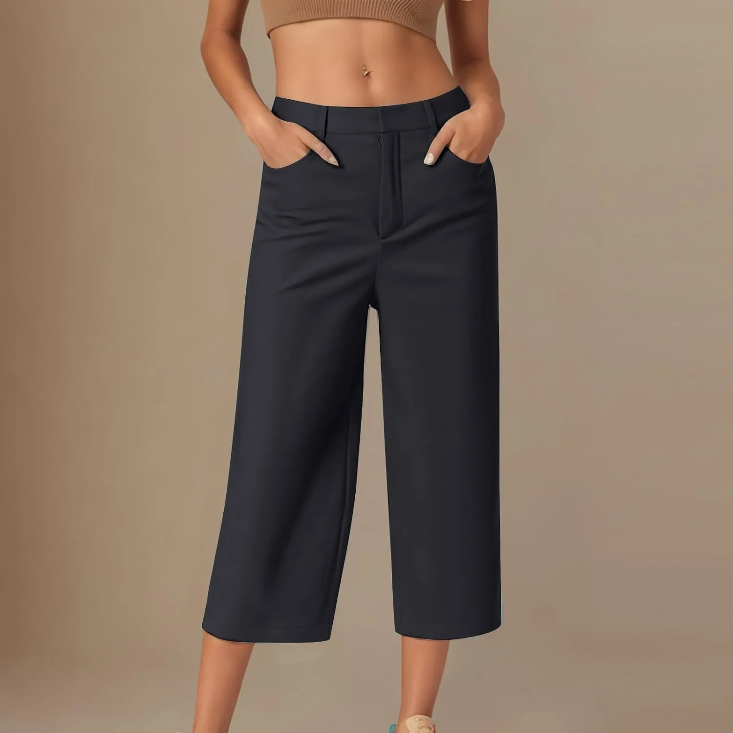 LEMONONSTORE Women Office Work Dressy Capris High Waist Ankle-Length Pants Casual Straight-Leg Trousers Loose Summer Shorts