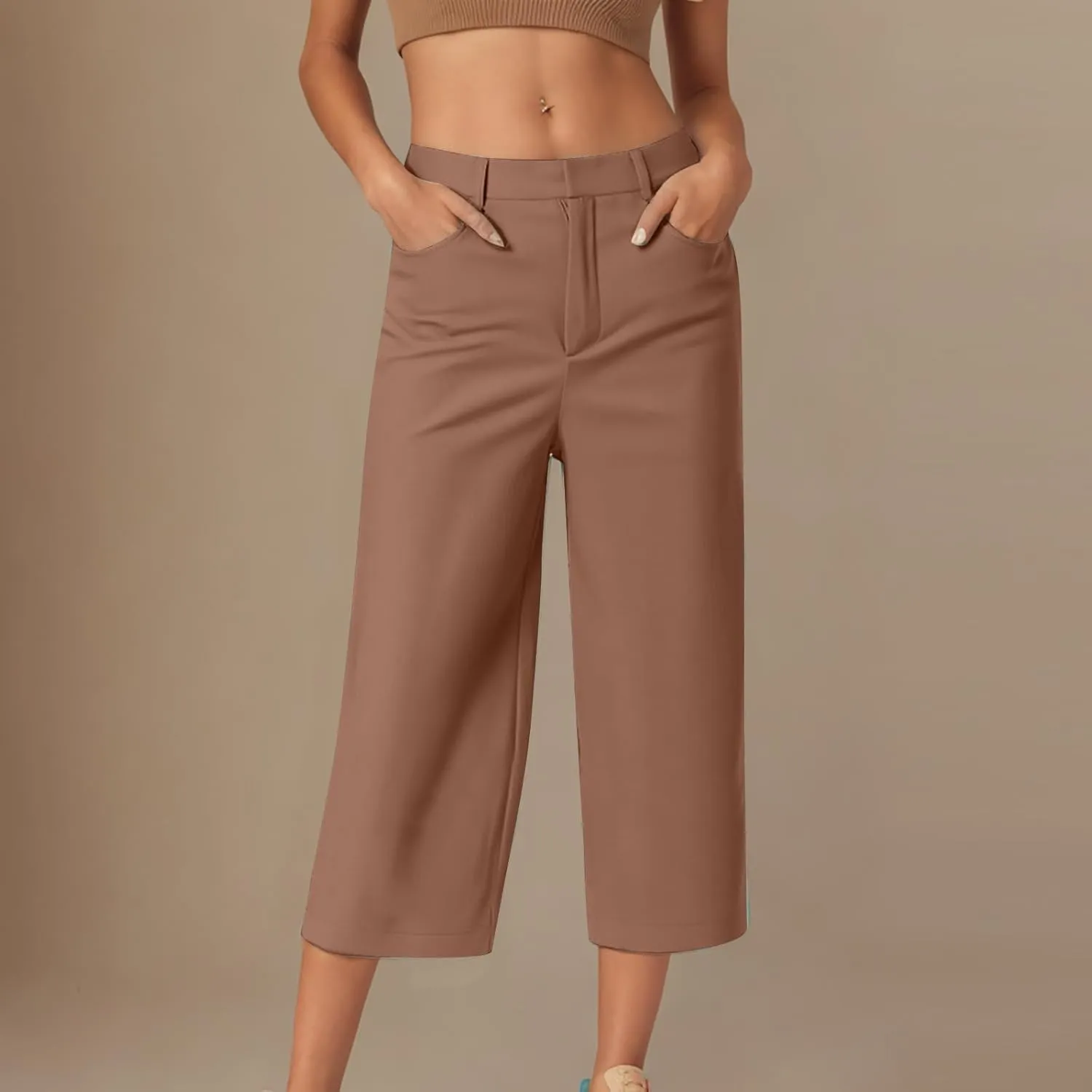 LEMONONSTORE Women Office Work Dressy Capris High Waist Ankle-Length Pants Casual Straight-Leg Trousers Loose Summer Shorts