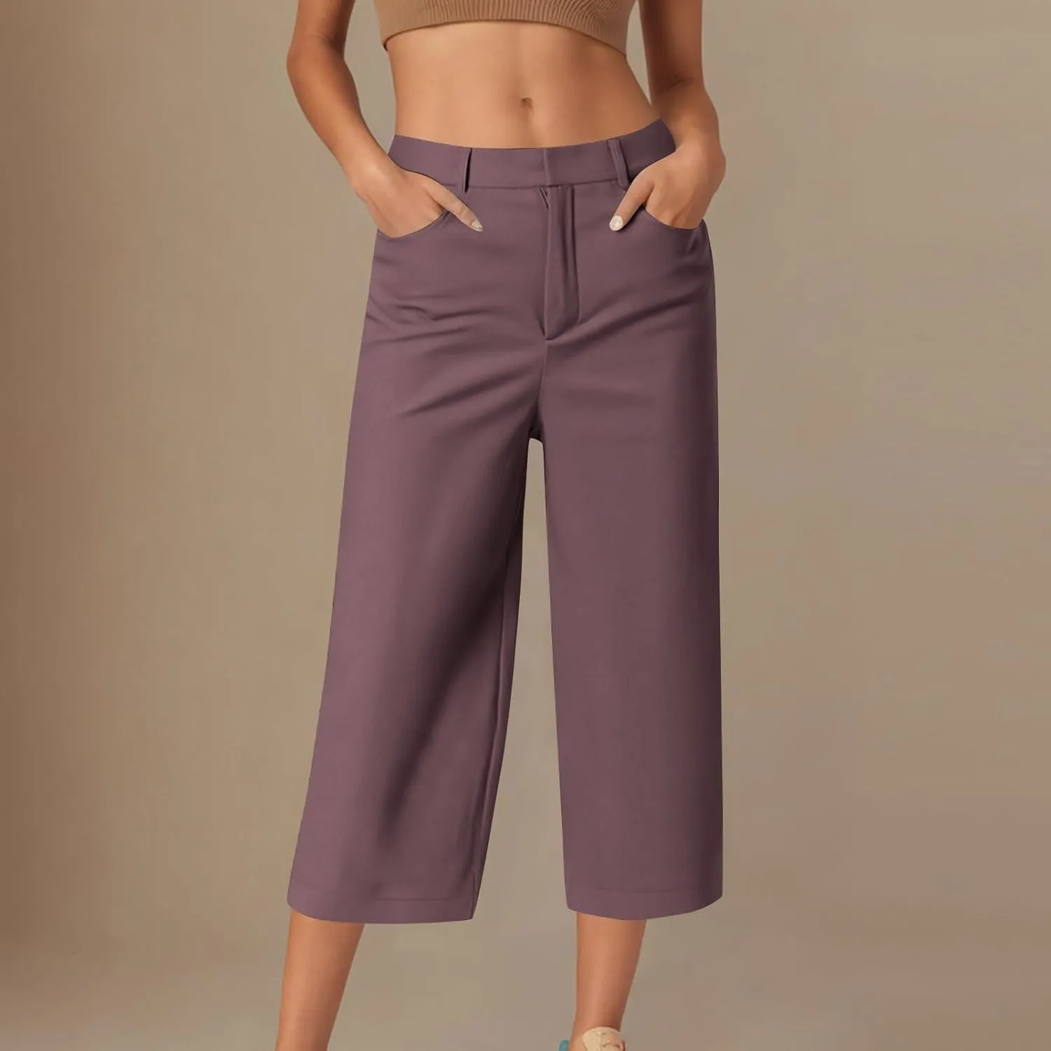 LEMONONSTORE Women Office Work Dressy Capris High Waist Ankle-Length Pants Casual Straight-Leg Trousers Loose Summer Shorts