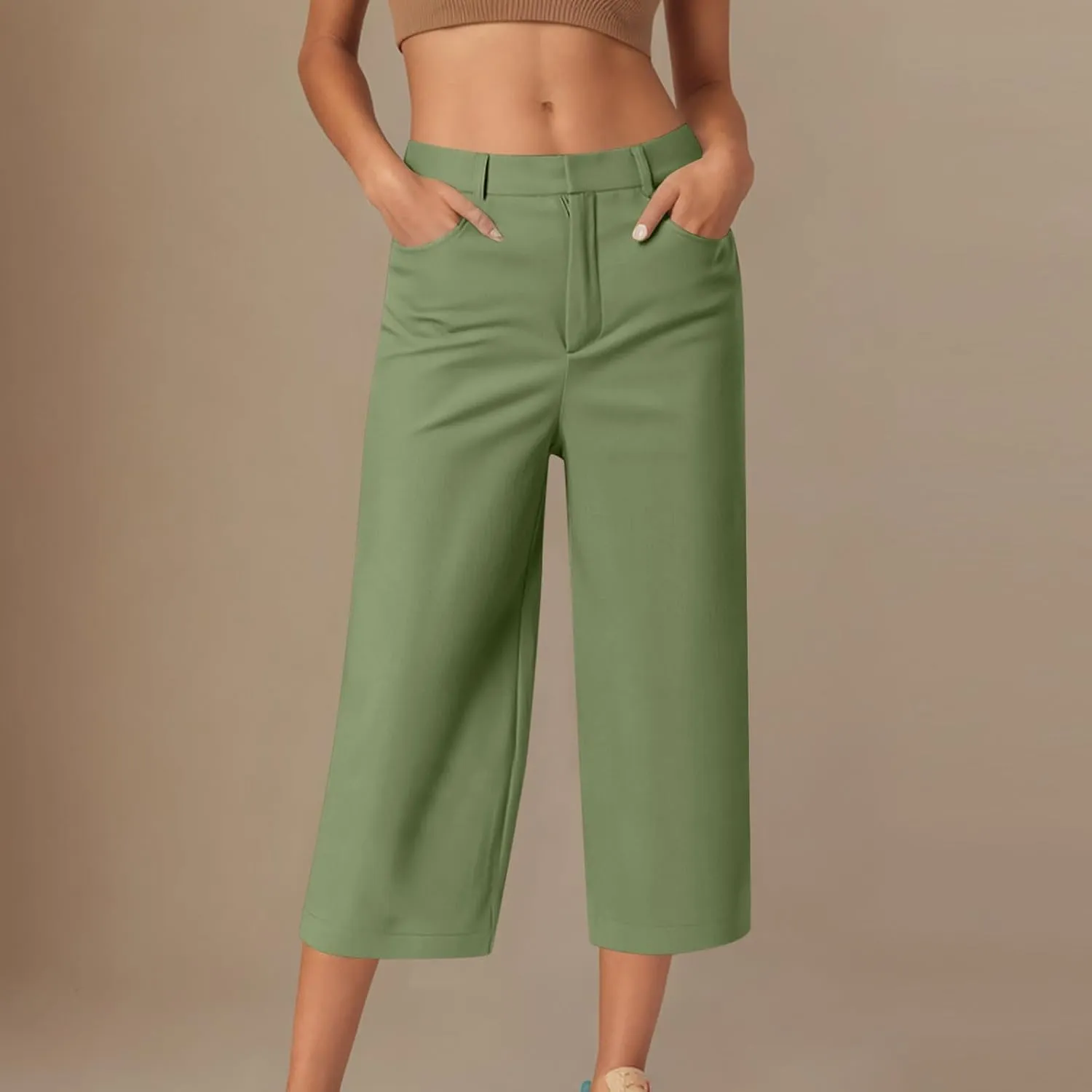 LEMONONSTORE Women Office Work Dressy Capris High Waist Ankle-Length Pants Casual Straight-Leg Trousers Loose Summer Shorts