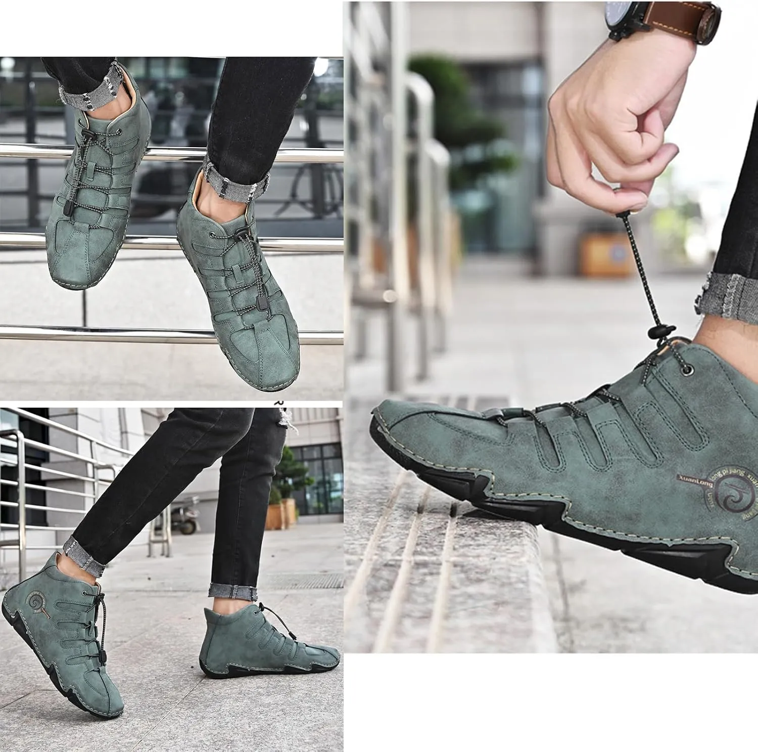 Lossarye Men's Italian Handmade Leather High Boots Casual Lightweight Waterproof Hiking Shoes Slip-On Chukka Boots Non-Slip Outdoor Sneakers