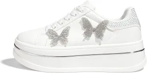 LUCKY STEP Women's Chunky Fashion Sneakers High Platform Rhinestone Butterfly Casual Faux Leather Durable Walking Tennis Shoes