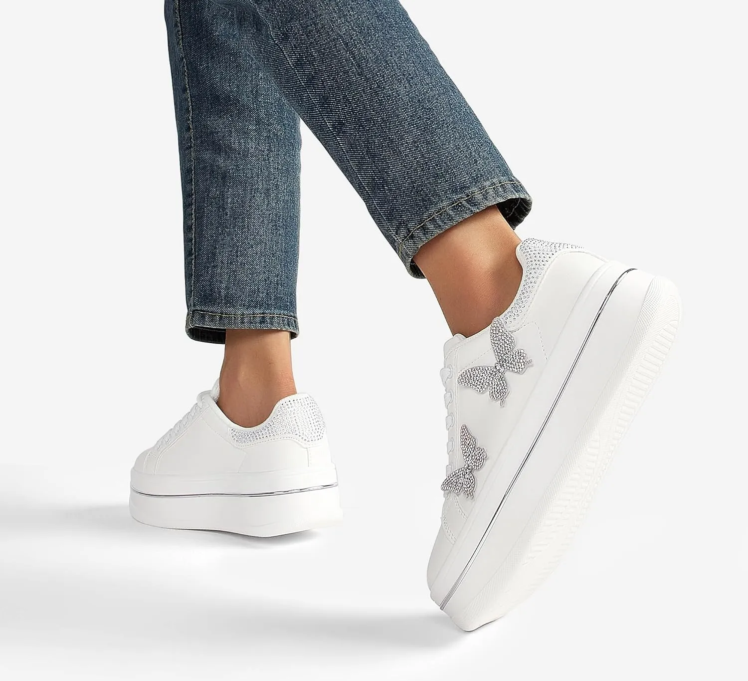 LUCKY STEP Women's Chunky Fashion Sneakers High Platform Rhinestone Butterfly Casual Faux Leather Durable Walking Tennis Shoes