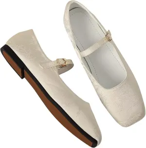 LUXINYU Mary Jane Shoes for Women Square Toe Ankle Straps Ballet Flat Shoes Floral Embroidered Chinese Shoes