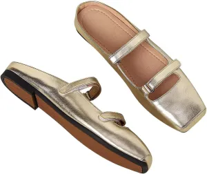 LUXINYU Retro Mules for Women Dressy Square Toe Backless Flat Mules with Strap Embroidered Satin Mary Jane Shoes