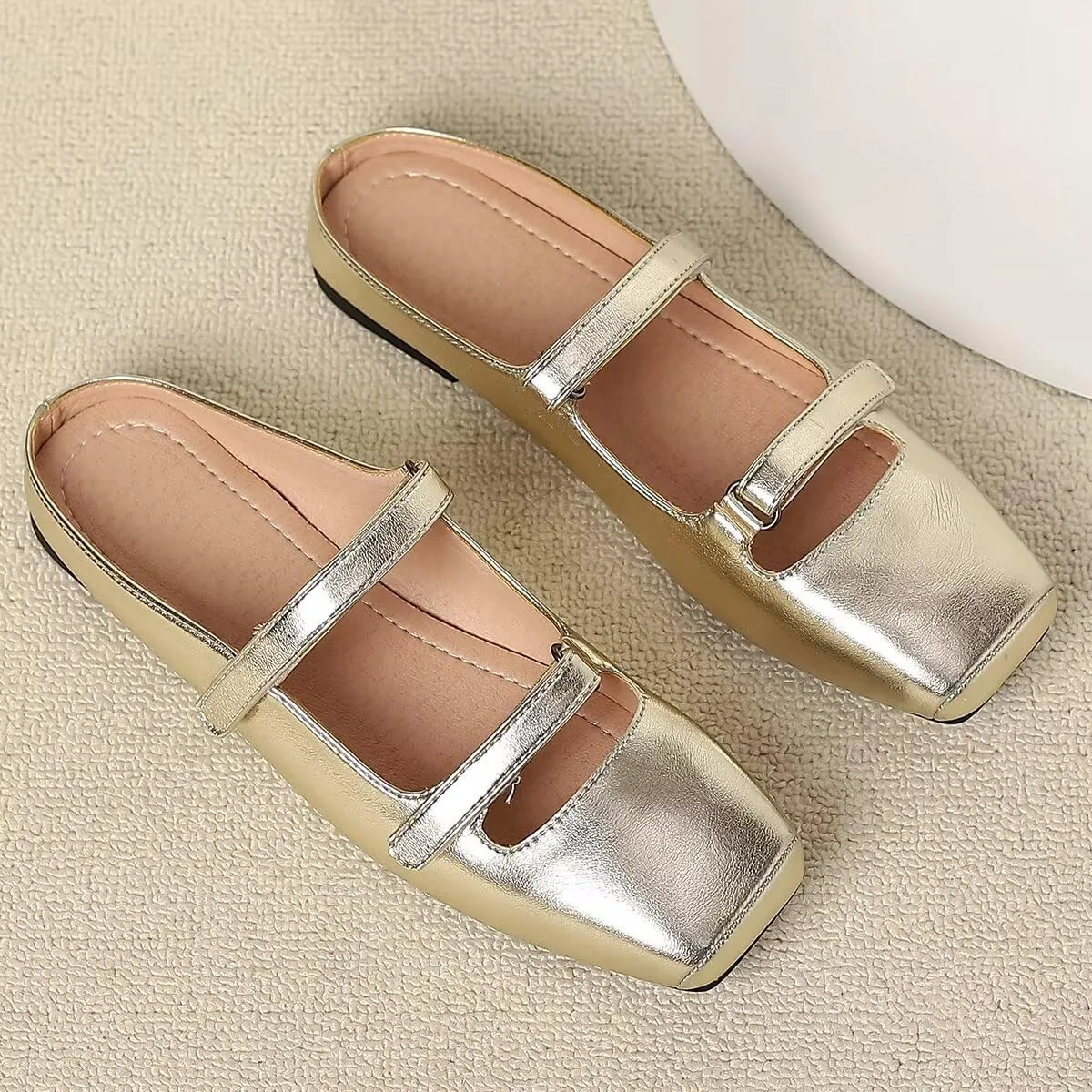 LUXINYU Retro Mules for Women Dressy Square Toe Backless Flat Mules with Strap Embroidered Satin Mary Jane Shoes