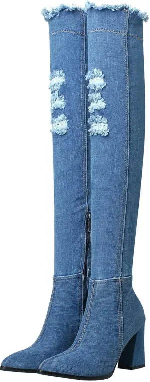MAVMAX Denim Ankle Boots for Women Pointed Toe Chunky High Heel Jeans Denim Blue Short Mid Calf Booties with Side Zipper