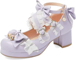 Meefit Women Cute Mary Janes Lolita Shoes Bow Chunky Heel Platform Strappy Pumps
