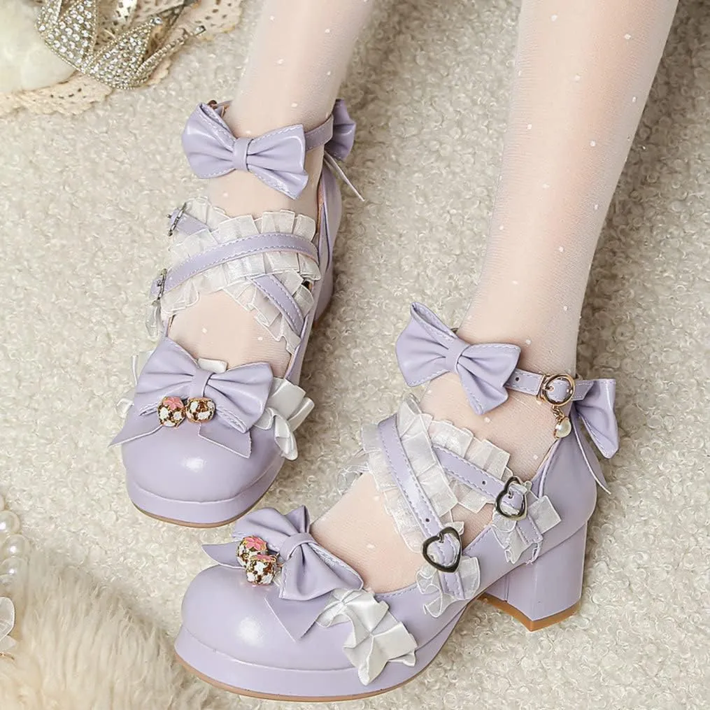 Meefit Women Cute Mary Janes Lolita Shoes Bow Chunky Heel Platform Strappy Pumps