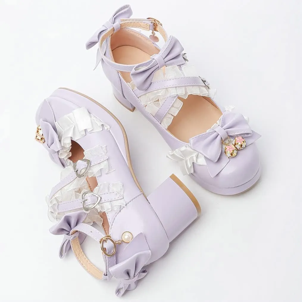 Meefit Women Cute Mary Janes Lolita Shoes Bow Chunky Heel Platform Strappy Pumps