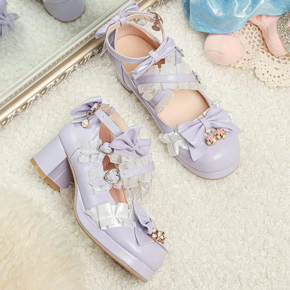 Meefit Women Cute Mary Janes Lolita Shoes Bow Chunky Heel Platform Strappy Pumps