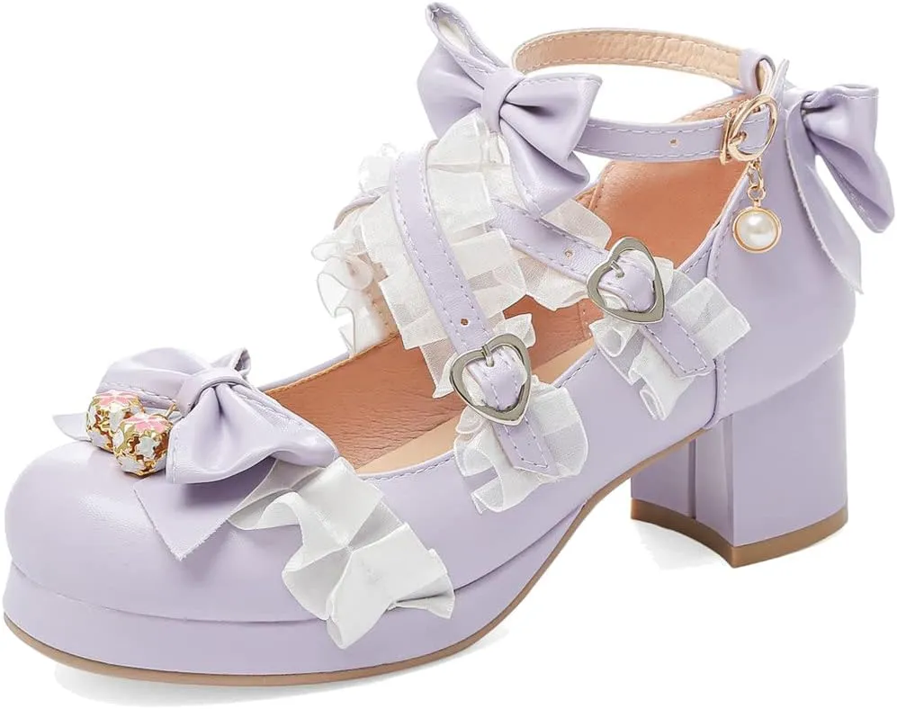 Meefit Women Cute Mary Janes Lolita Shoes Bow Chunky Heel Platform Strappy Pumps