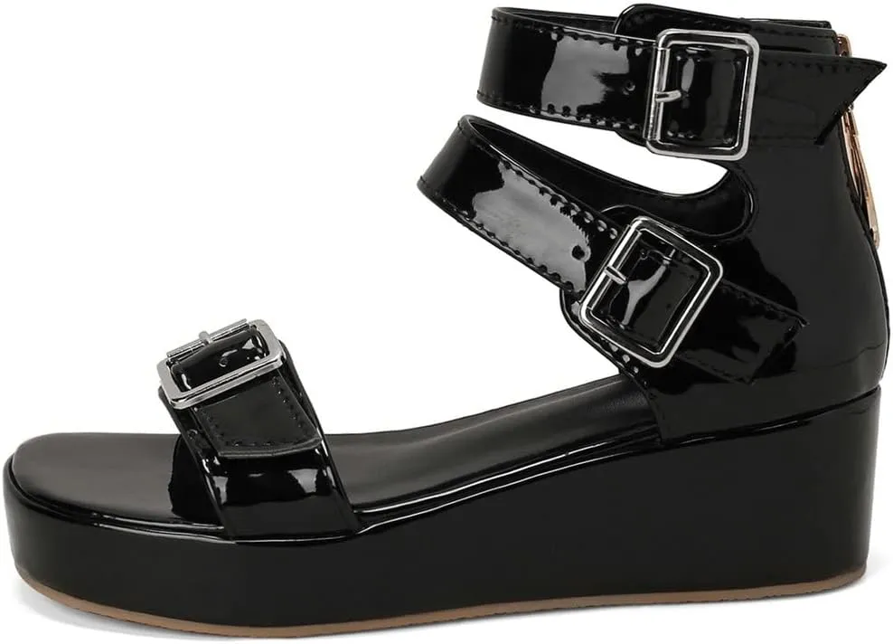 Meefit Women Patent Platform Wedge Sandals Open Toe Ankle Strap High Heel Sandals