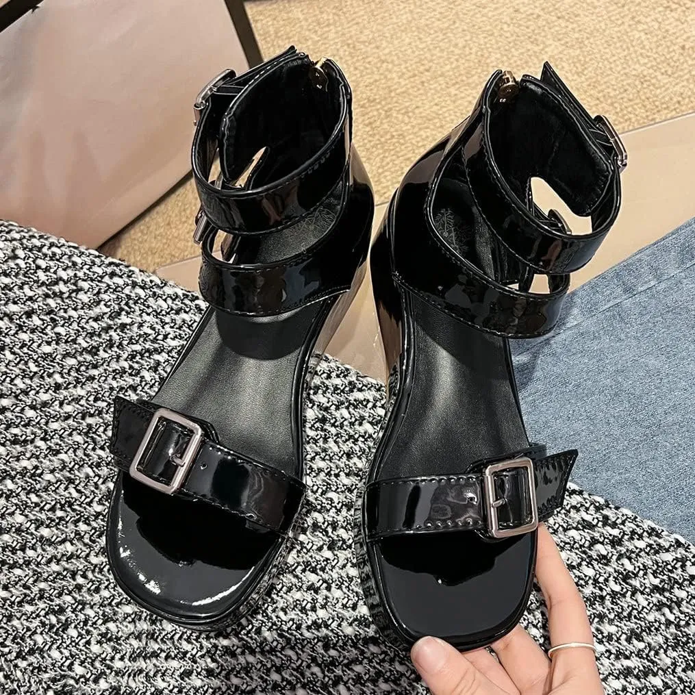 Meefit Women Patent Platform Wedge Sandals Open Toe Ankle Strap High Heel Sandals