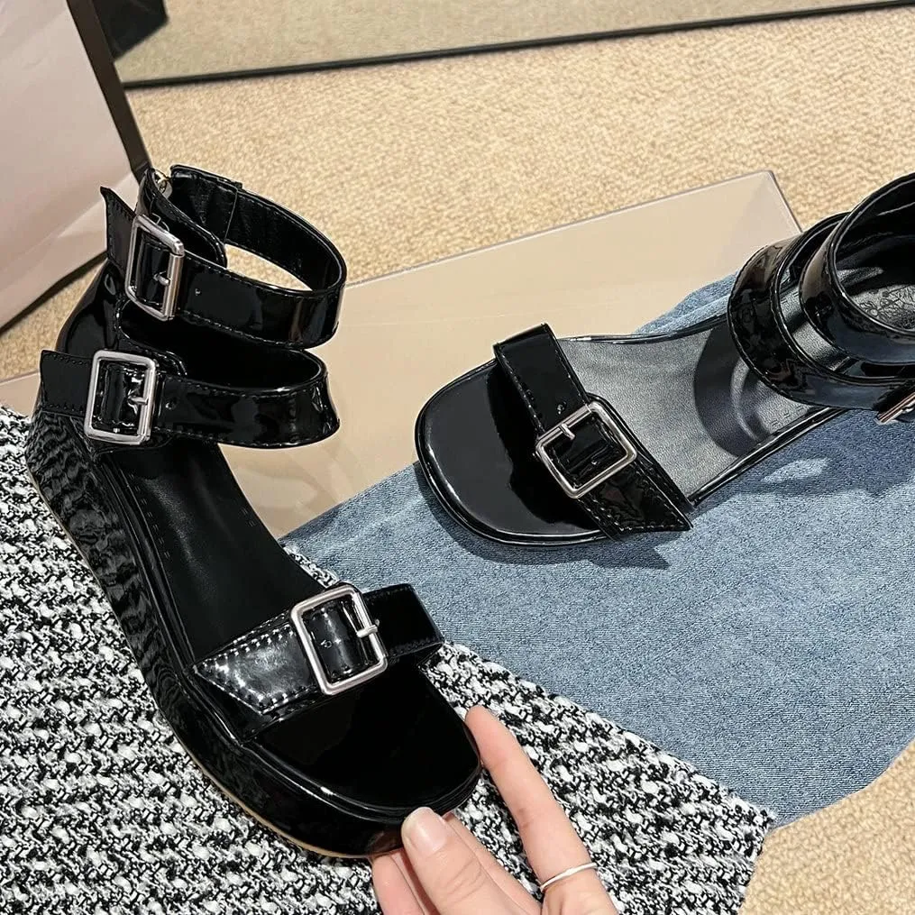Meefit Women Patent Platform Wedge Sandals Open Toe Ankle Strap High Heel Sandals