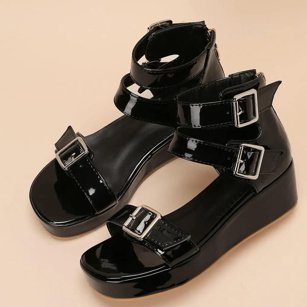 Meefit Women Patent Platform Wedge Sandals Open Toe Ankle Strap High Heel Sandals