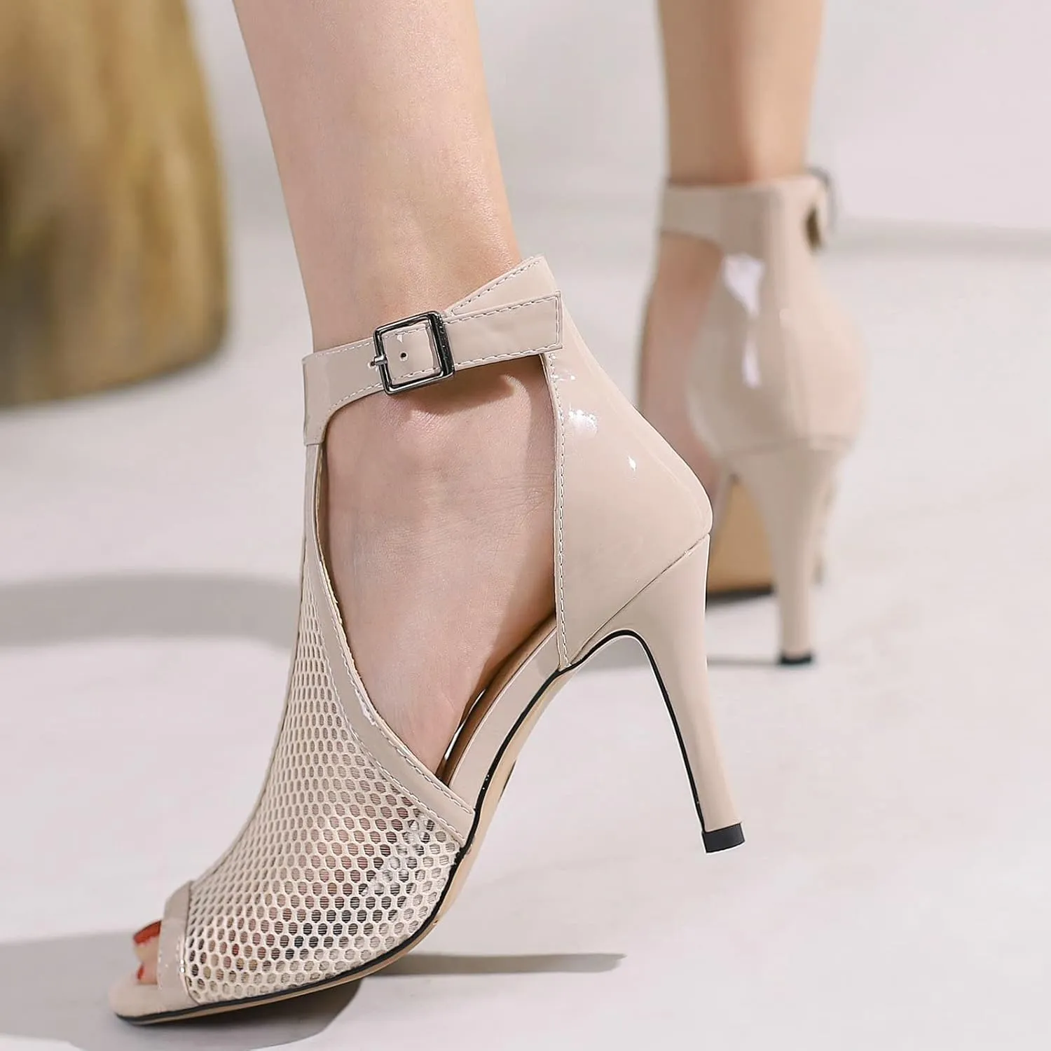 Meefit Women Peep Toe Stiletto Booties Patent Leather High Heels Perforated Sandals Gladiator Summer Boots