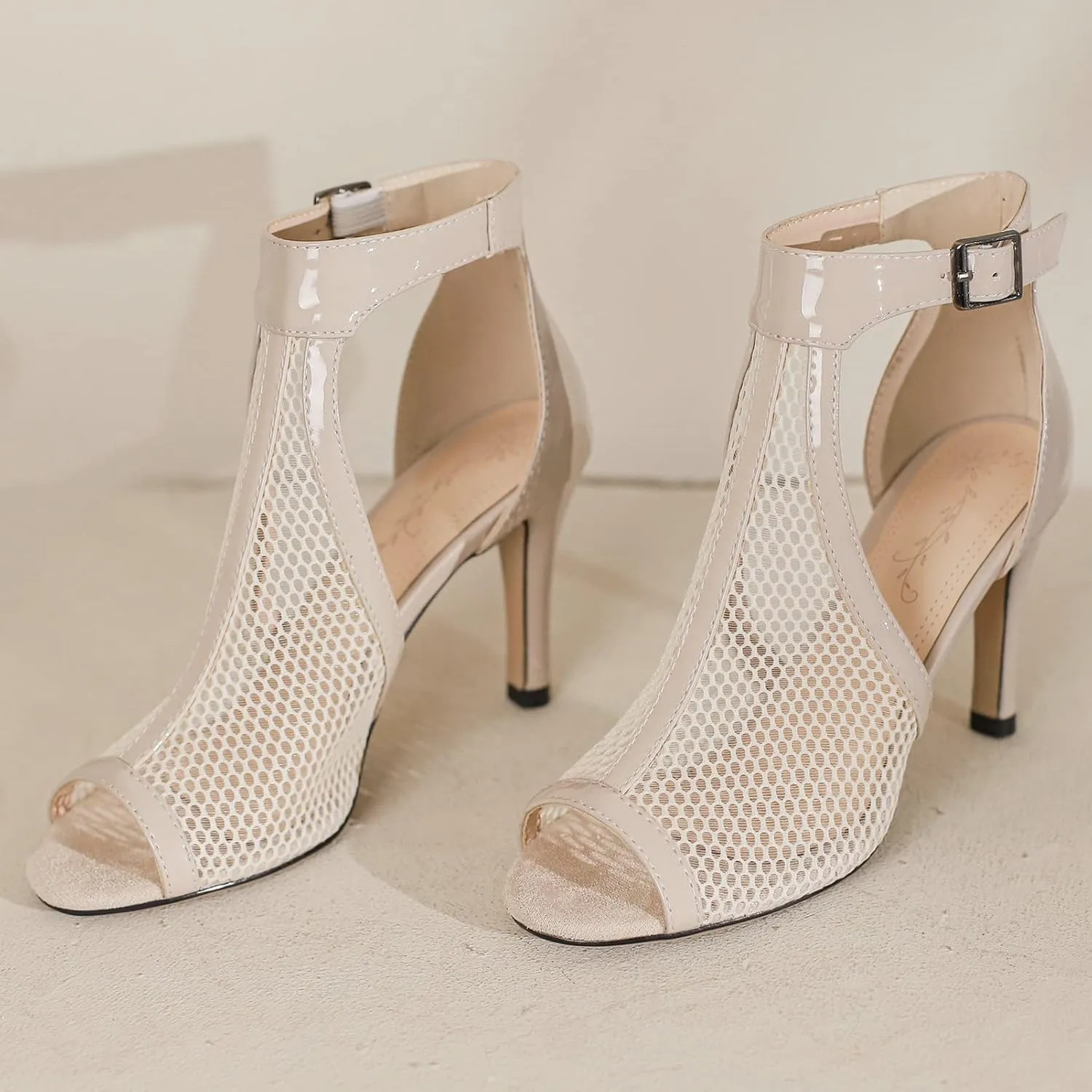 Meefit Women Peep Toe Stiletto Booties Patent Leather High Heels Perforated Sandals Gladiator Summer Boots