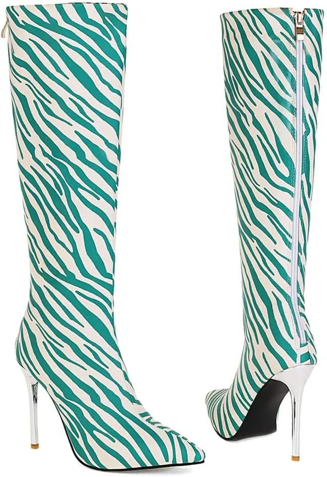 Meefit Women Zebra Print Knee High Boots Stiletto High Heel Pointed Toe Knee Length Boots