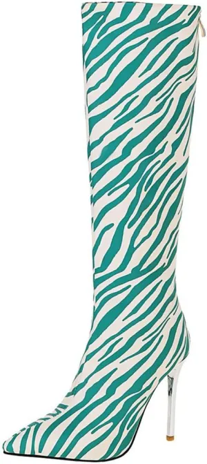 Meefit Women Zebra Print Knee High Boots Stiletto High Heel Pointed Toe Knee Length Boots