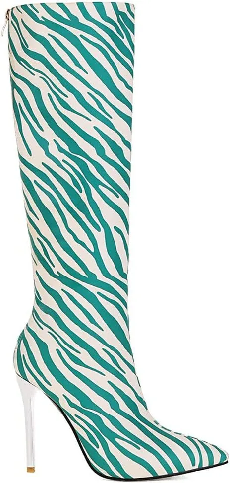 Meefit Women Zebra Print Knee High Boots Stiletto High Heel Pointed Toe Knee Length Boots