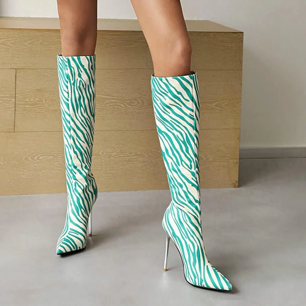 Meefit Women Zebra Print Knee High Boots Stiletto High Heel Pointed Toe Knee Length Boots