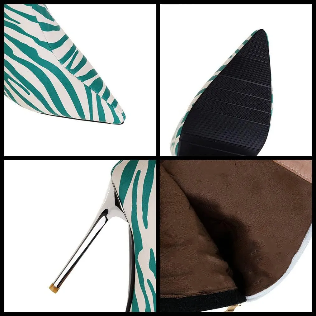 Meefit Women Zebra Print Knee High Boots Stiletto High Heel Pointed Toe Knee Length Boots