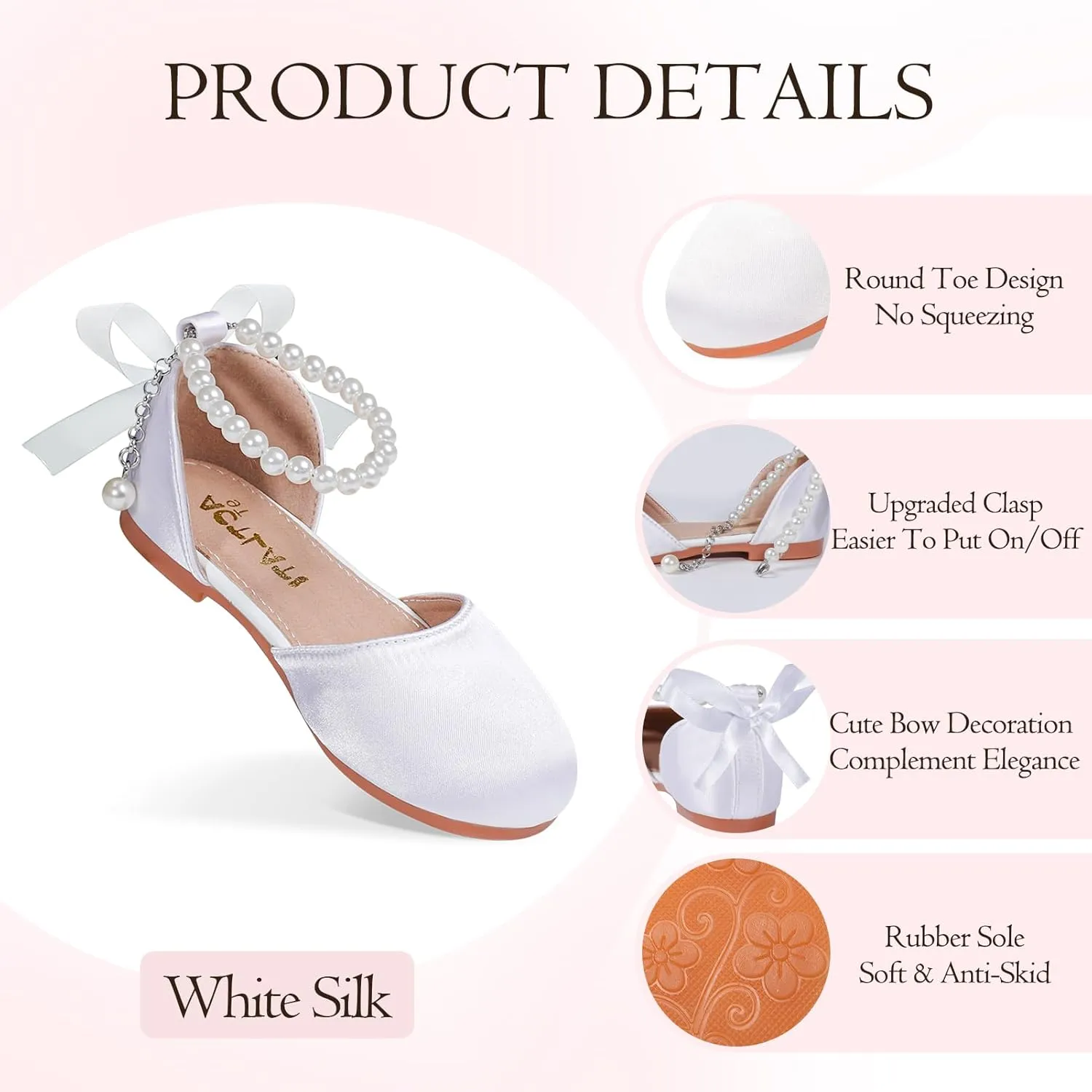 MEJORMEN Girls Dress Shoes Toddler Mary Jane Ballet Flats Princess Lace-Up Pearl Ankle Strap Dress Shoes for Flower Girls Wedding Party School
