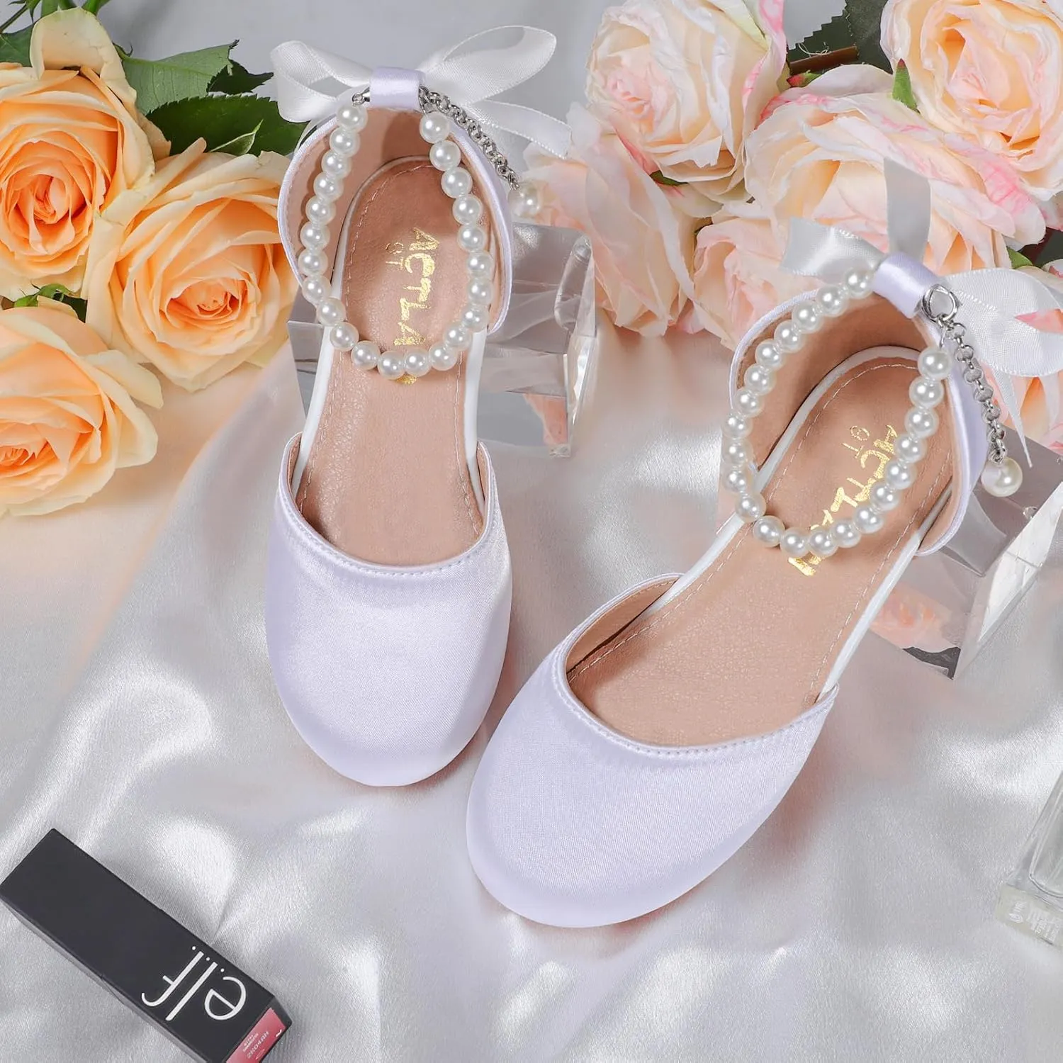 MEJORMEN Girls Dress Shoes Toddler Mary Jane Ballet Flats Princess Lace-Up Pearl Ankle Strap Dress Shoes for Flower Girls Wedding Party School