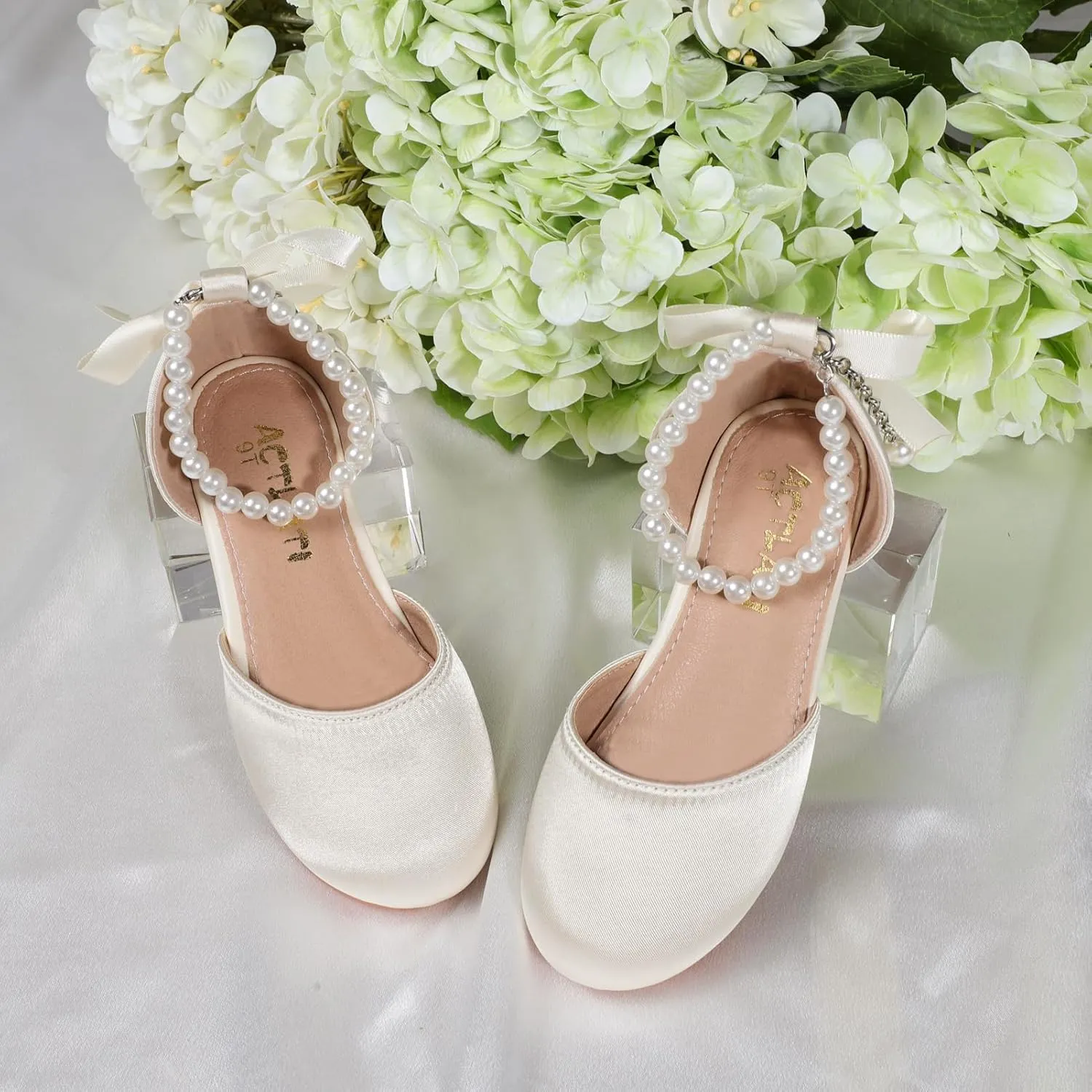 MEJORMEN Girls Dress Shoes Toddler Mary Jane Ballet Flats Princess Lace-Up Pearl Ankle Strap Dress Shoes for Flower Girls Wedding Party School