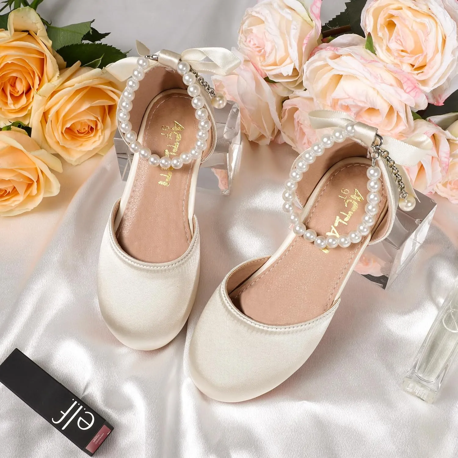 MEJORMEN Girls Dress Shoes Toddler Mary Jane Ballet Flats Princess Lace-Up Pearl Ankle Strap Dress Shoes for Flower Girls Wedding Party School