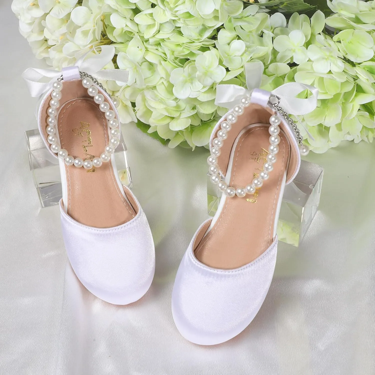 MEJORMEN Girls Dress Shoes Toddler Mary Jane Ballet Flats Princess Lace-Up Pearl Ankle Strap Dress Shoes for Flower Girls Wedding Party School