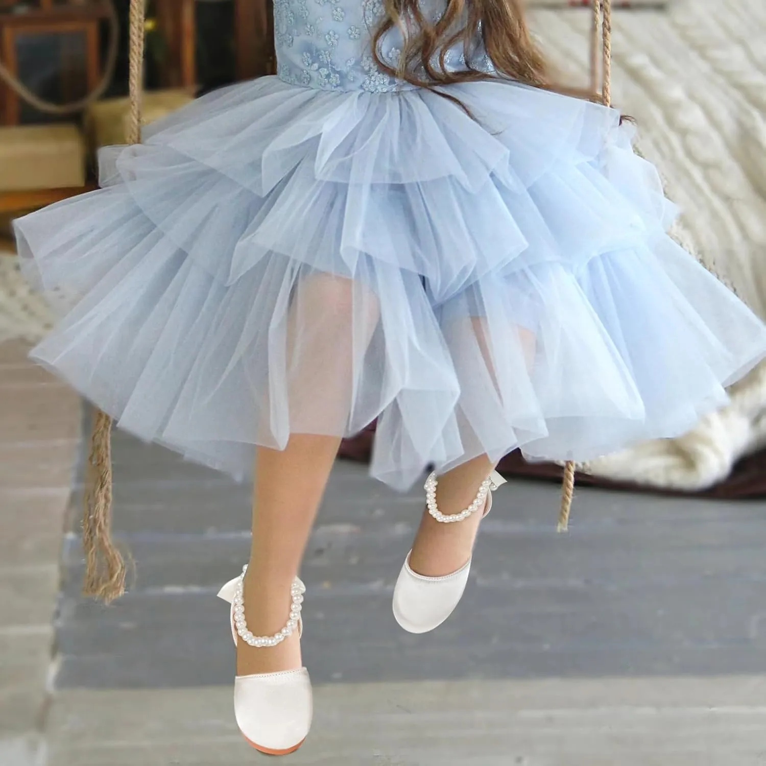 MEJORMEN Girls Dress Shoes Toddler Mary Jane Ballet Flats Princess Lace-Up Pearl Ankle Strap Dress Shoes for Flower Girls Wedding Party School