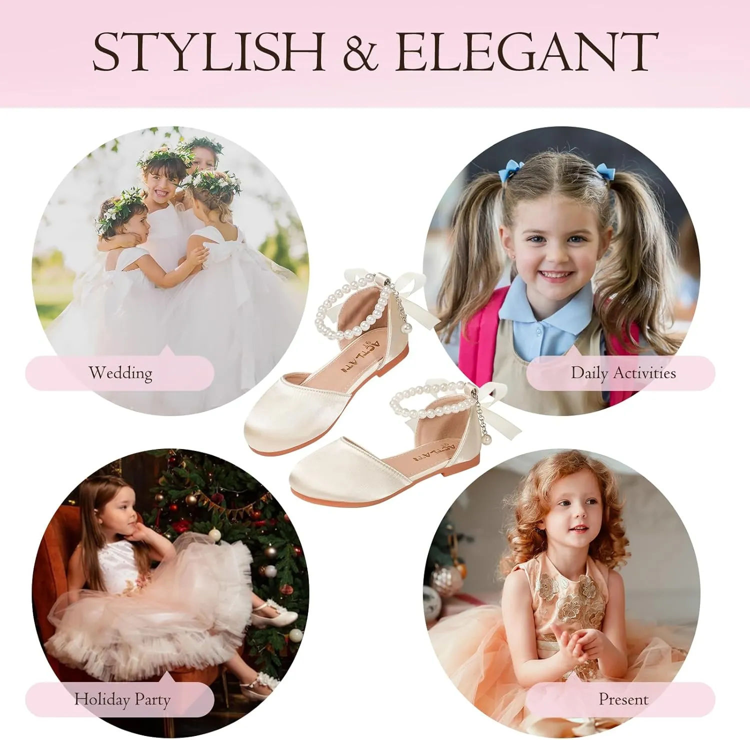 MEJORMEN Girls Dress Shoes Toddler Mary Jane Ballet Flats Princess Lace-Up Pearl Ankle Strap Dress Shoes for Flower Girls Wedding Party School