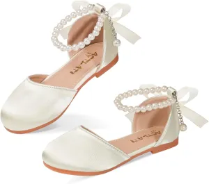 MEJORMEN Girls Dress Shoes Toddler Mary Jane Ballet Flats Princess Lace-Up Pearl Ankle Strap Dress Shoes for Flower Girls Wedding Party School