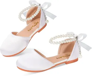 MEJORMEN Girls Dress Shoes Toddler Mary Jane Ballet Flats Princess Lace-Up Pearl Ankle Strap Dress Shoes for Flower Girls Wedding Party School