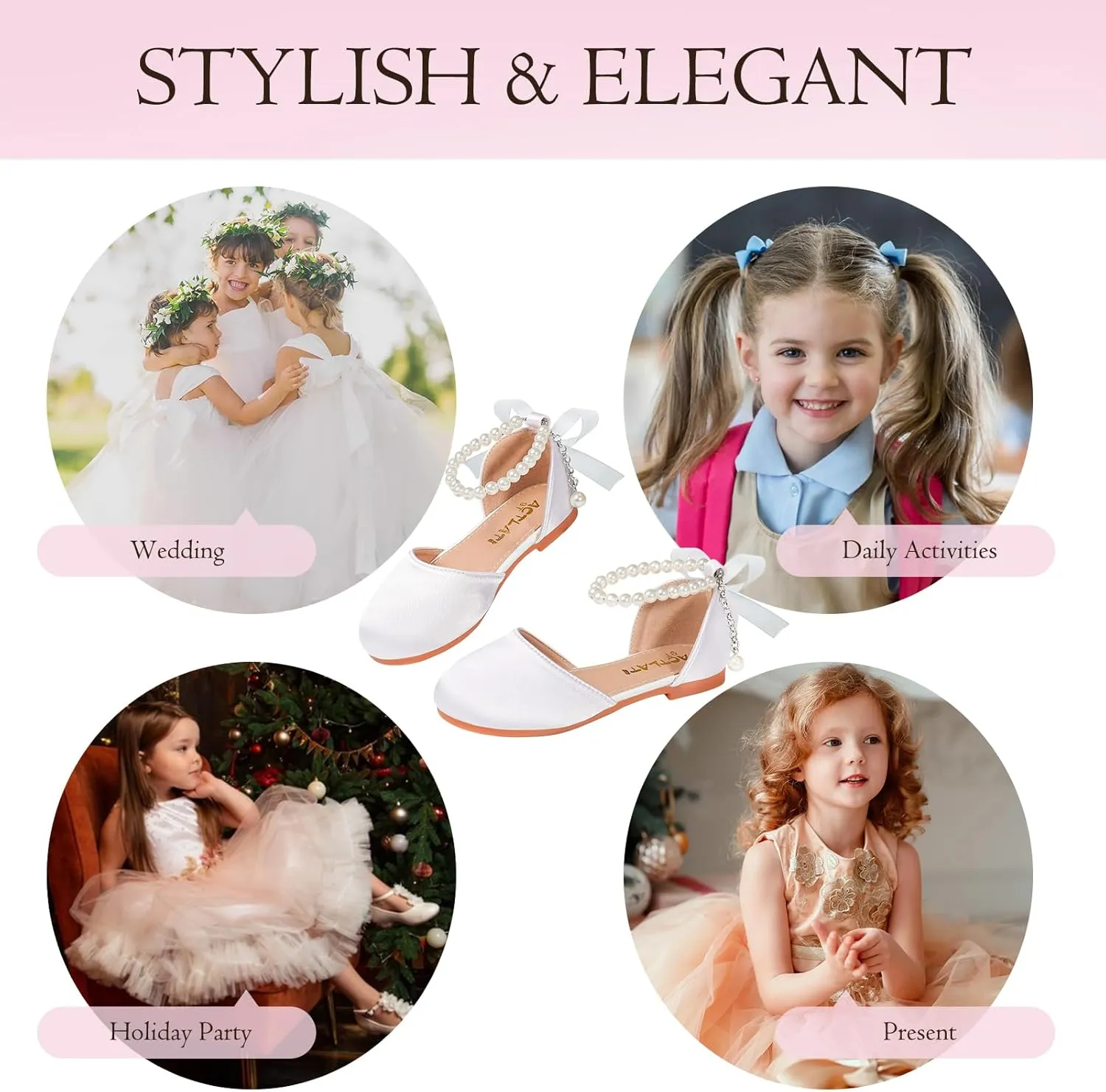 MEJORMEN Girls Dress Shoes Toddler Mary Jane Ballet Flats Princess Lace-Up Pearl Ankle Strap Dress Shoes for Flower Girls Wedding Party School