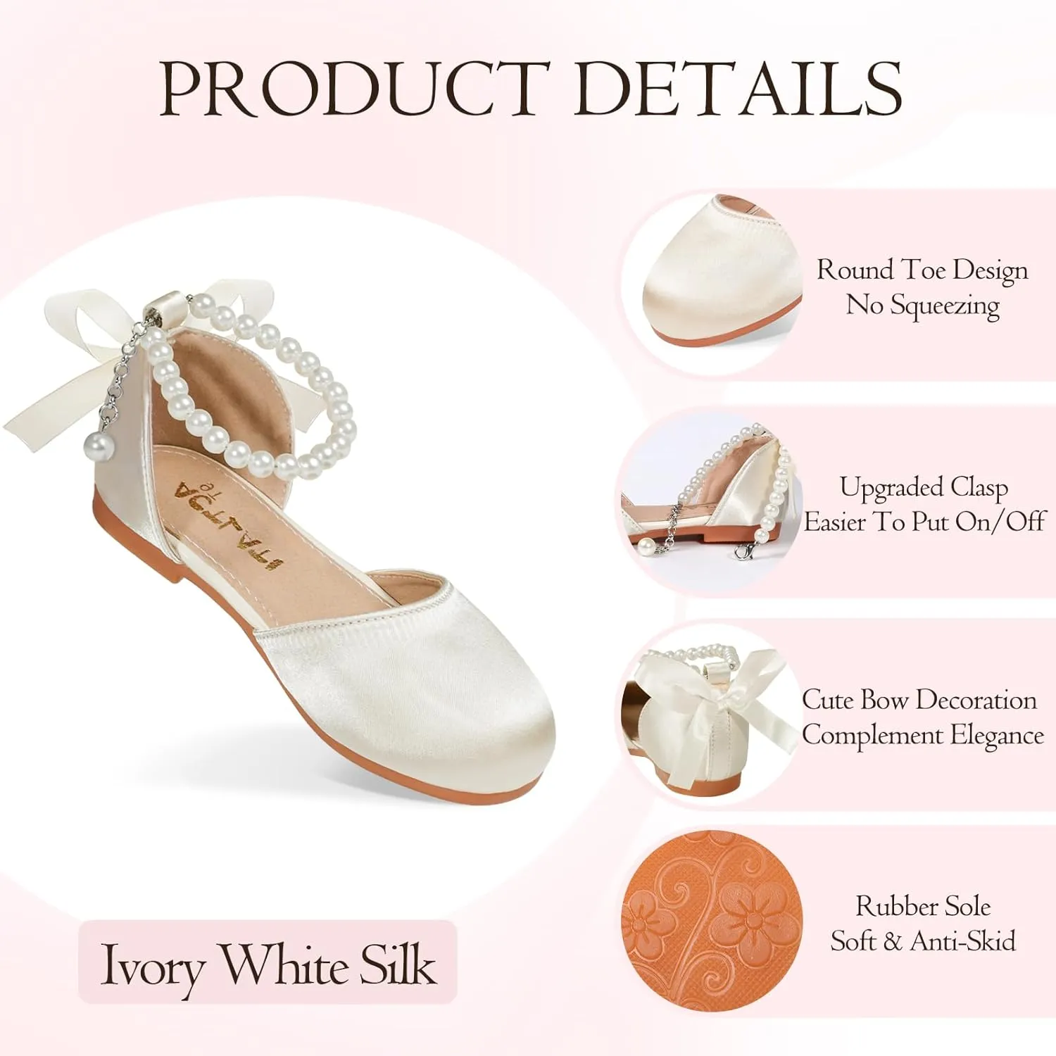 MEJORMEN Girls Dress Shoes Toddler Mary Jane Ballet Flats Princess Lace-Up Pearl Ankle Strap Dress Shoes for Flower Girls Wedding Party School