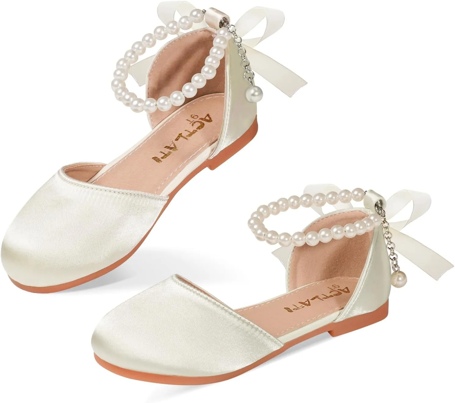 MEJORMEN Girls Dress Shoes Toddler Mary Jane Ballet Flats Princess Lace-Up Pearl Ankle Strap Dress Shoes for Flower Girls Wedding Party School