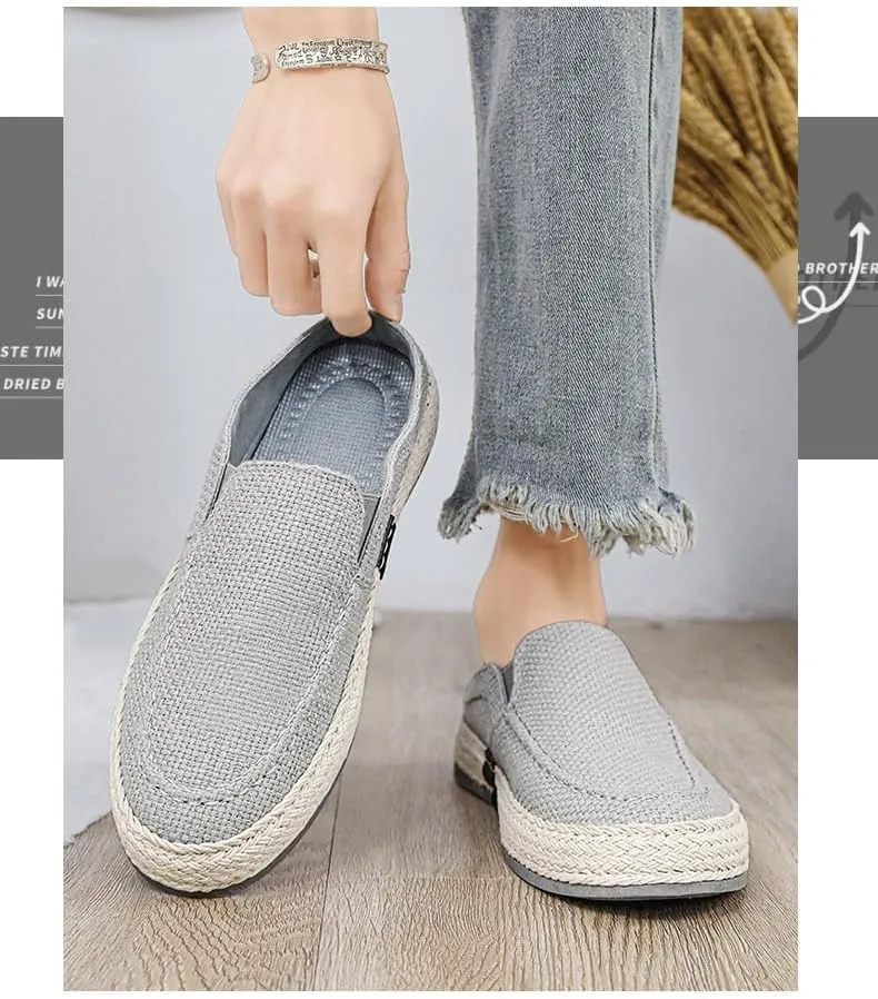 Men's Canvas Linen Flat Mules Comfy Clog Slippers Closed Toe Breathable Slip on Loafers Non-Slip Casual Shoes