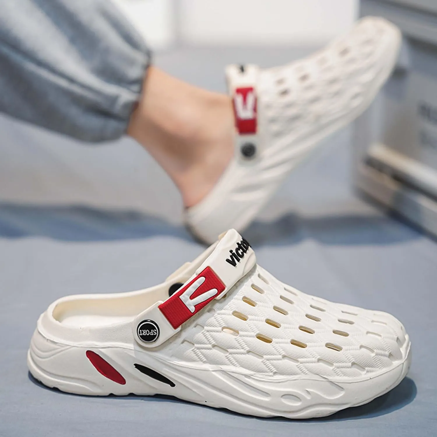 Men's fashion garden clogs, arch support, woven look design, EVA material, lightweight, durable, non-slip, beach shoes, gardening shoes, indoor and outdoor sandals.