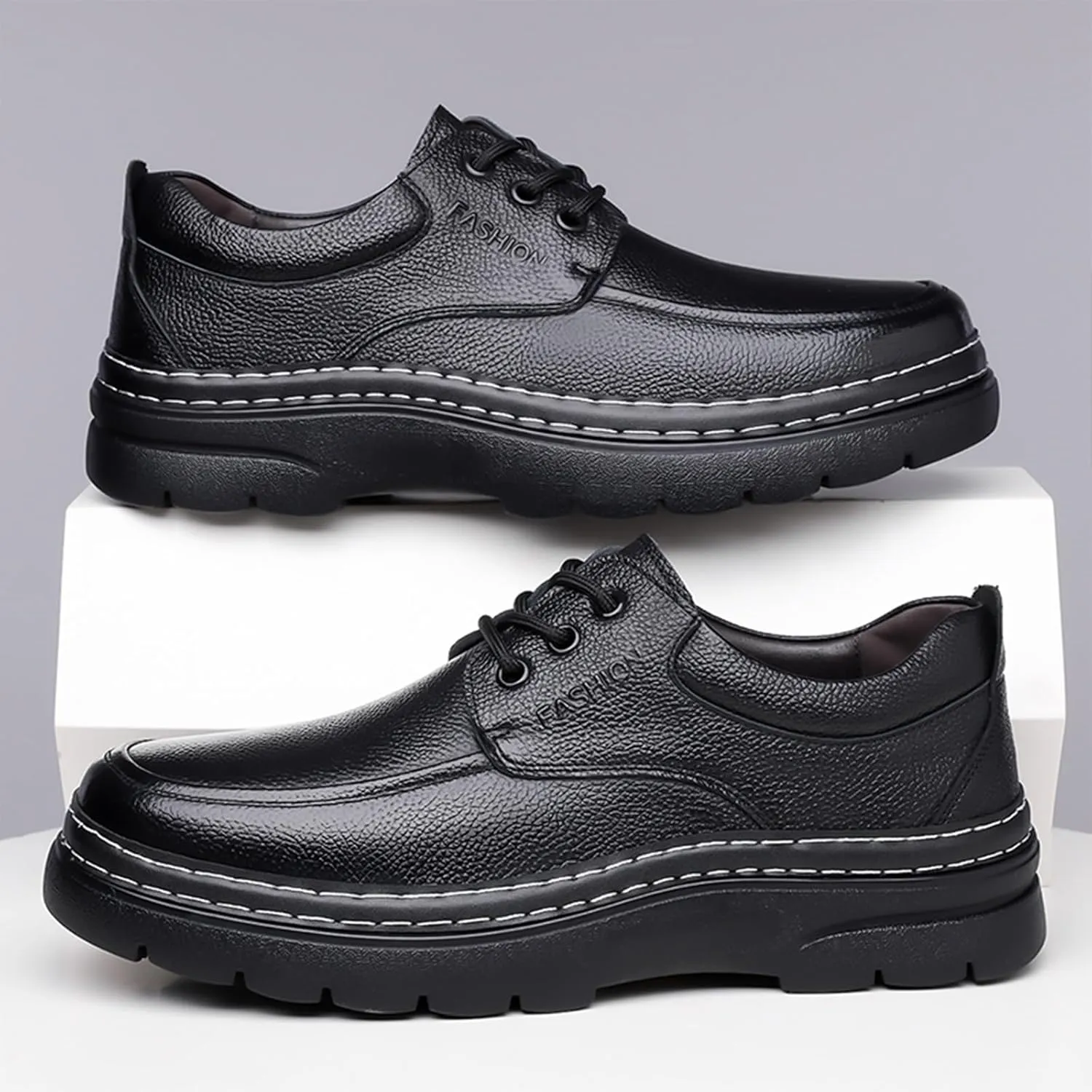 Men's Genuine Leather Platform Chunky Heel Oxfords Comfort Round Toe Lace Up Anti-Slip Lug Sole Business Formal Dress Shoes Classic Handmade Fur Lining Office Work Shoes