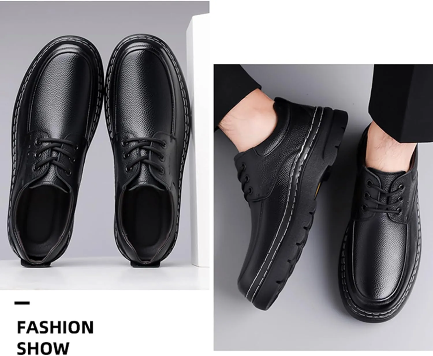 Men's Genuine Leather Platform Chunky Heel Oxfords Comfort Round Toe Lace Up Anti-Slip Lug Sole Business Formal Dress Shoes Classic Handmade Fur Lining Office Work Shoes
