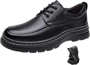 Men's Genuine Leather Platform Chunky Heel Oxfords Comfort Round Toe Lace Up Anti-Slip Lug Sole Business Formal Dress Shoes Classic Handmade Fur Lining Office Work Shoes