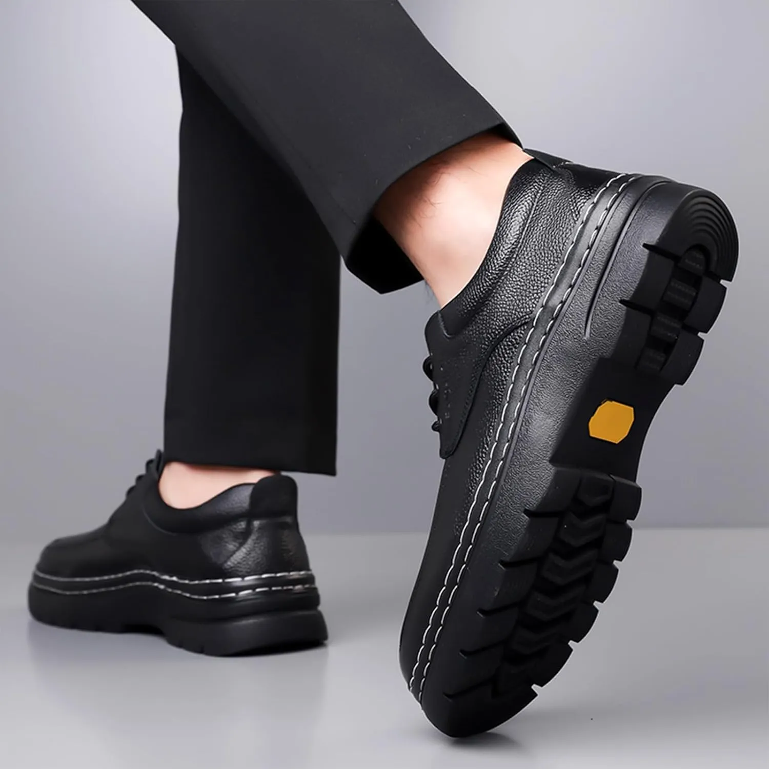 Men's Genuine Leather Platform Chunky Heel Oxfords Comfort Round Toe Lace Up Anti-Slip Lug Sole Business Formal Dress Shoes Classic Handmade Fur Lining Office Work Shoes