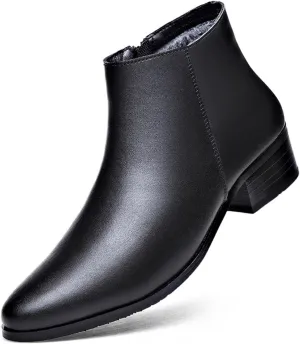Men's Genuine Leather Pointed Toe Block Heels Chelsea Ankle Boots with Side Zipper Warm Fur Lined Chunky Heels Business Dress Chukka Boots Comfortable Non Slip Work Winter Booties